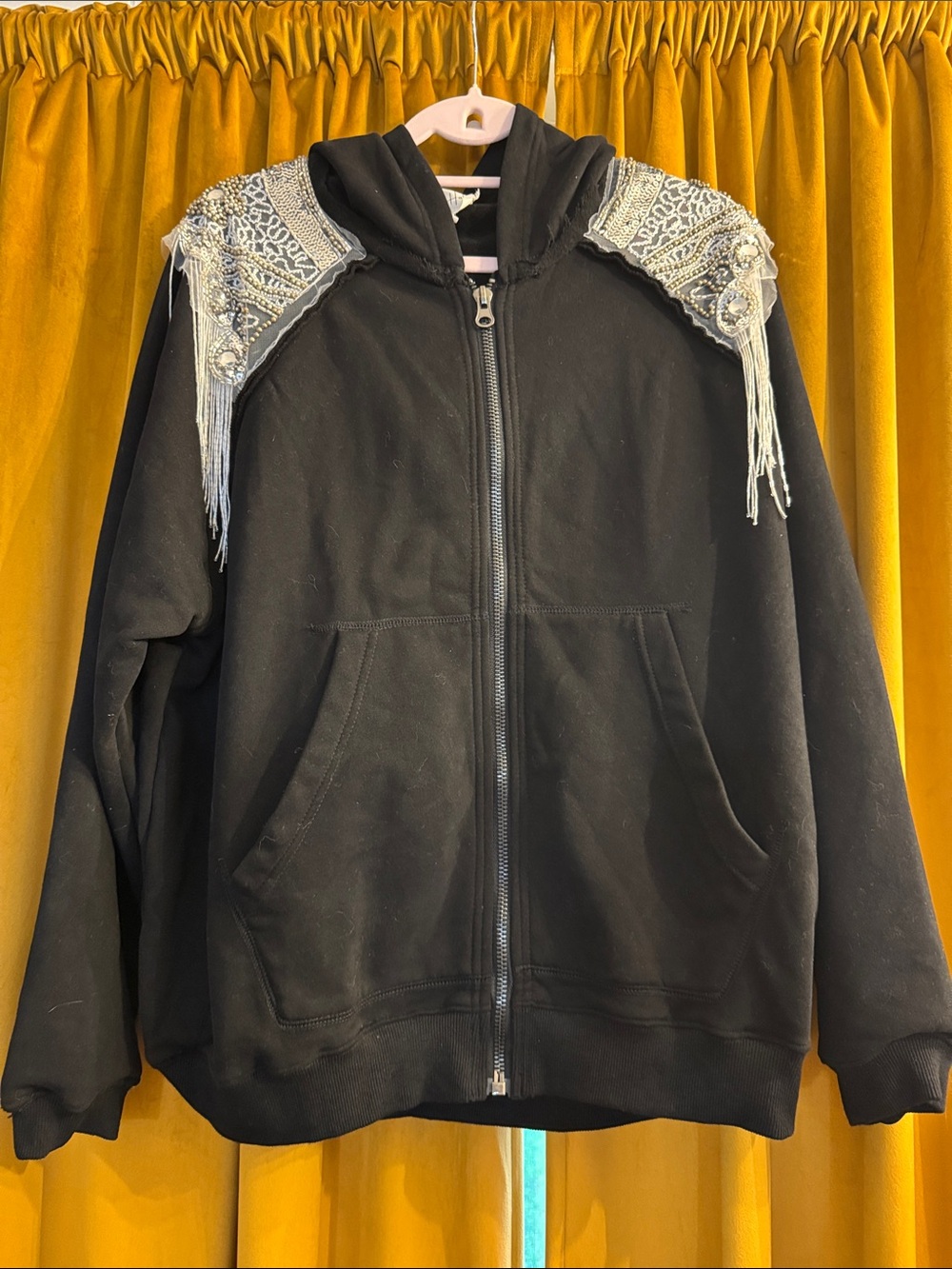 Oli & Hali Black Zip Hoodie with Silver Bead Fringe - Picture 2 of 6
